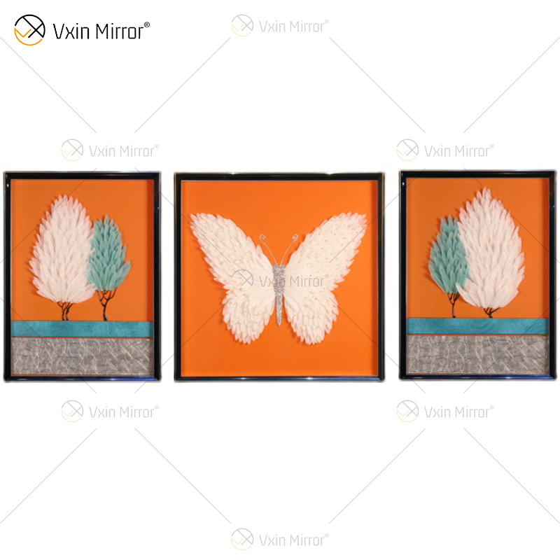 La pintura de mariposa Vxin WXPA-004 más nueva para la decoración del hogar arte de la pared cuadro colgante de plumas de Metal para el juego de sala de estar a la venta