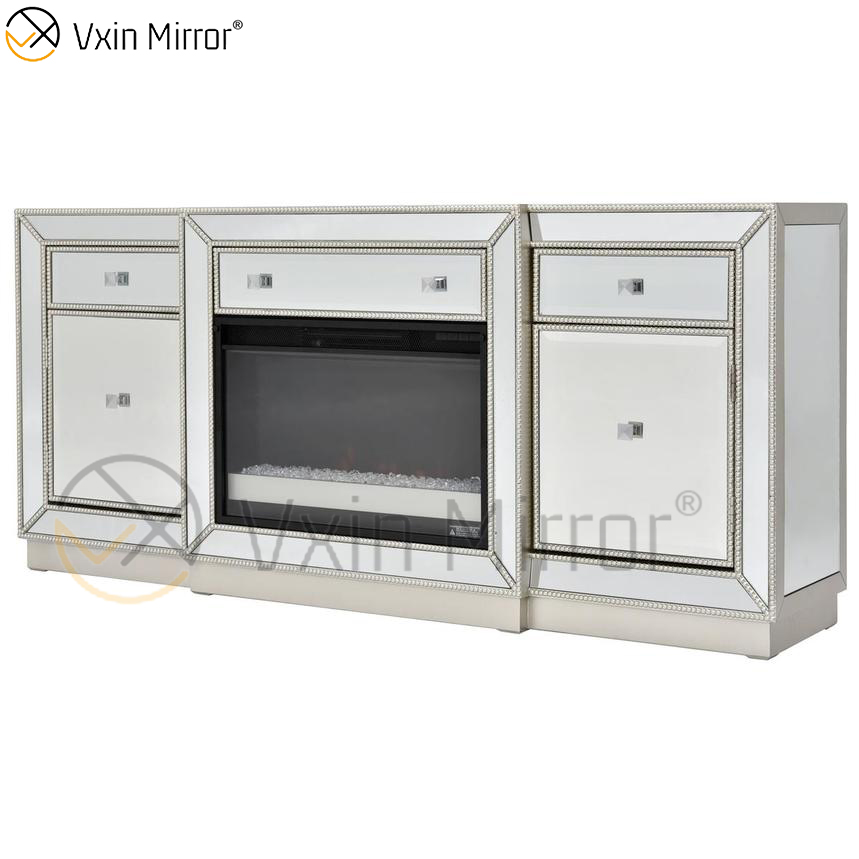 Muebles de espejo Vxin, soportes de TV para chimenea con espejo de champán y diamante triturado, soportes de armario con inserto de cristal