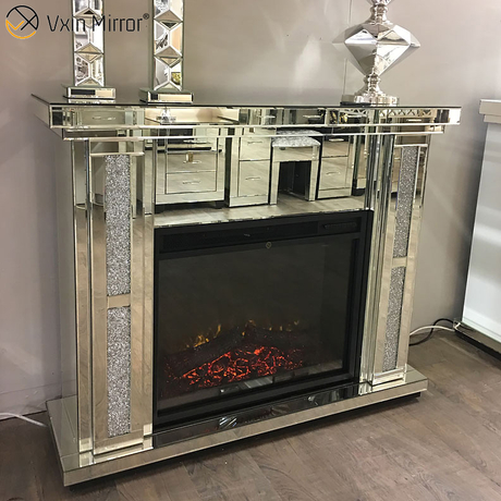 Chimenea de espejo de cristal de diamante triturado de lujo para decoración del hogar moderna con calentador en muebles de sala de estar WXWF-1098