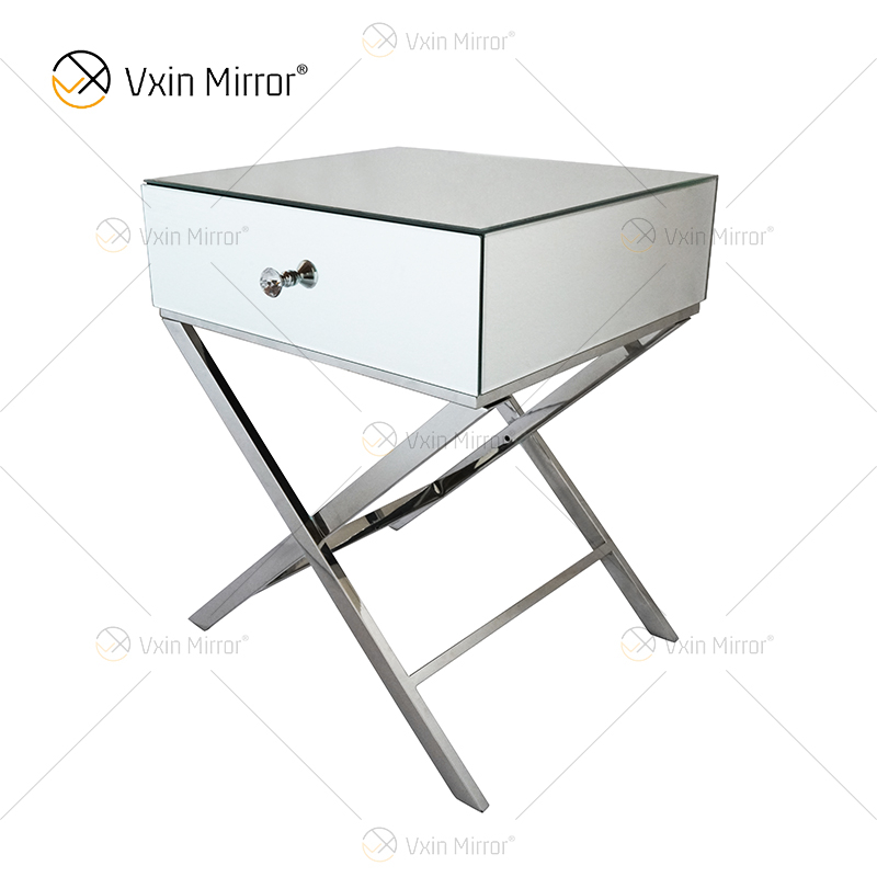 Vanity Modern WXF-046, muebles de acero inoxidable plateado, mesita de noche de cristal con 1 cajón, mesita de noche con espejo