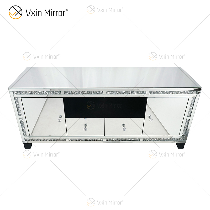 Muebles de espejo Vxin, gabinete de TV de plata con diamantes aplastados, soportes de TV con espejo y 2 cajones
