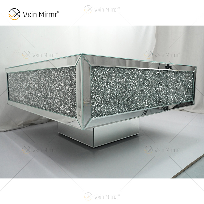 Mesa personalizada WXF-141 Mesa de centro de espejo de plata hecha en casa con diamante triturado