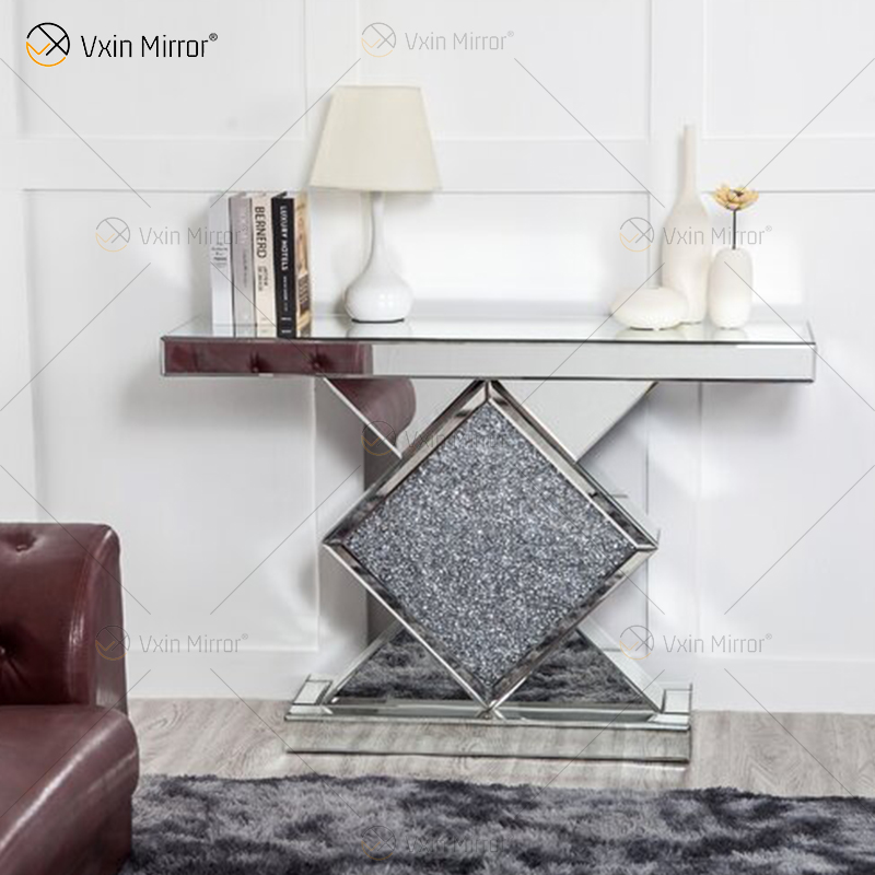 Venta al por mayor, mesa de consola con espejo, consola de mesa de entrada de pasillo de cristal de diamante triturado
