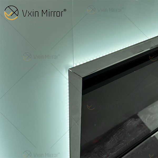 Nuevo diseño WXMF-096 LED plata vidrio esmerilado salón espejo chimenea con inserto interior