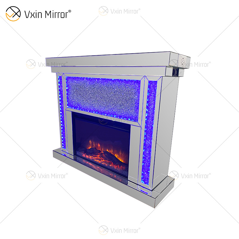 Chimenea con espejo LED de cristal plateado WXF-1073A con dientes azules y diamantes de altavoz