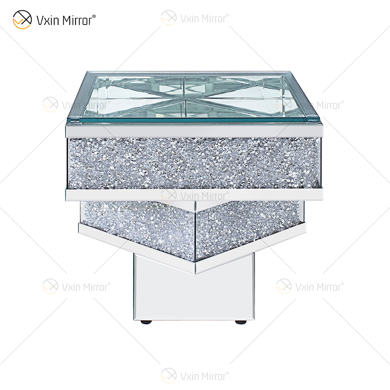 Vxin WXF-158-1 Mesa auxiliar de vidrio templado con espejo plateado y mesa auxiliar de diamante triturado 3D
