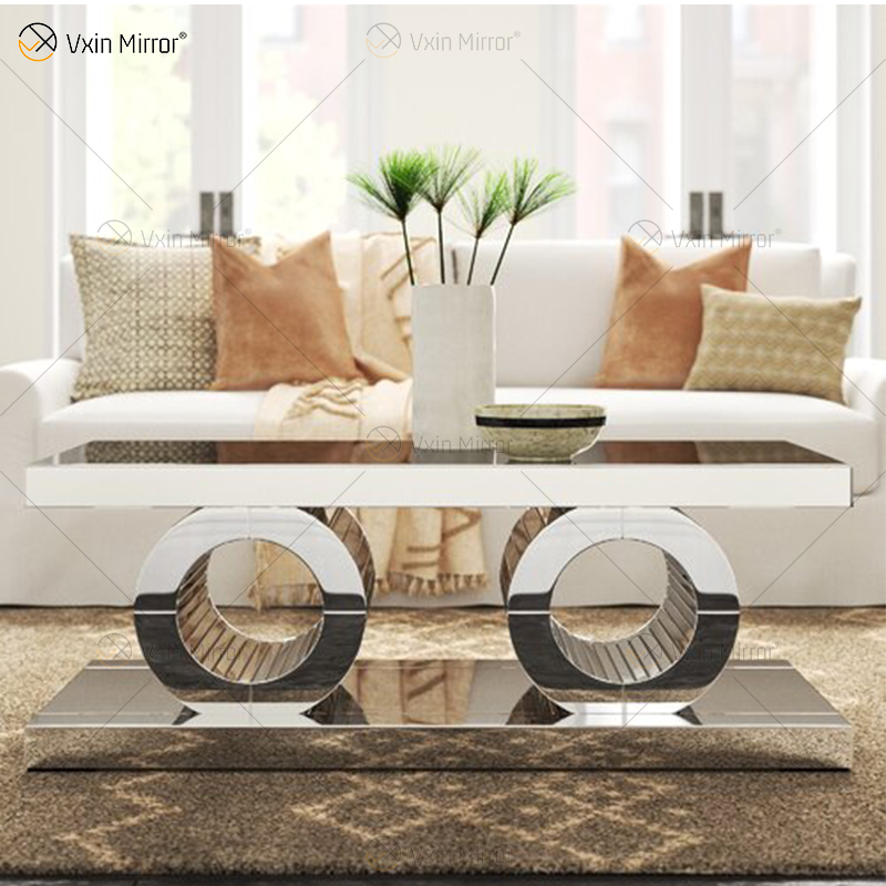 Vxin 3D Sparkling Simple Modern Glass Coffee Table Geometry Mirrored Coffee Table Silver Covered para sala de estar