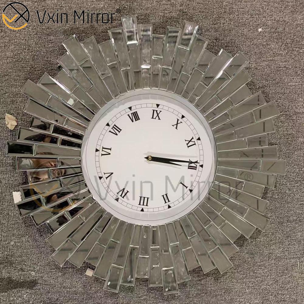 Paquete anti caída Vxin WXMC-008 Reloj de pared con espejo de cristal plateado moderno