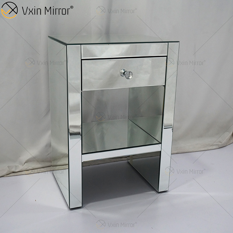 Vanity Modern WXF-242 Muebles de plata Mesita de noche de cristal con 1 cajón Mesita de noche con espejo