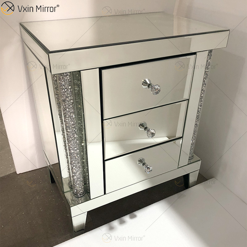 WXF-275 Mesitas de noche con espejo Gabinete 3 cajones Espejo Mesita de noche Mesa auxiliar con vidrio