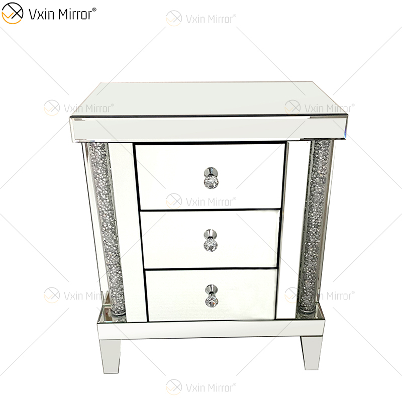 WXF-275 Mesitas de noche con espejo Gabinete 3 cajones Espejo Mesita de noche Mesa auxiliar con vidrio