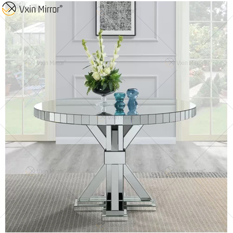 2020 Nuevo diseño WXF-160 Mesa de comedor plateada redonda de diamante triturado con tablero de vidrio templado