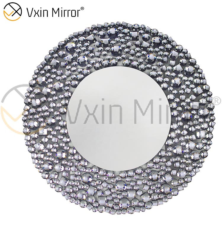 Espejo colgante redondo de pared de cristal plateado con decoración de pared de lujo dorado