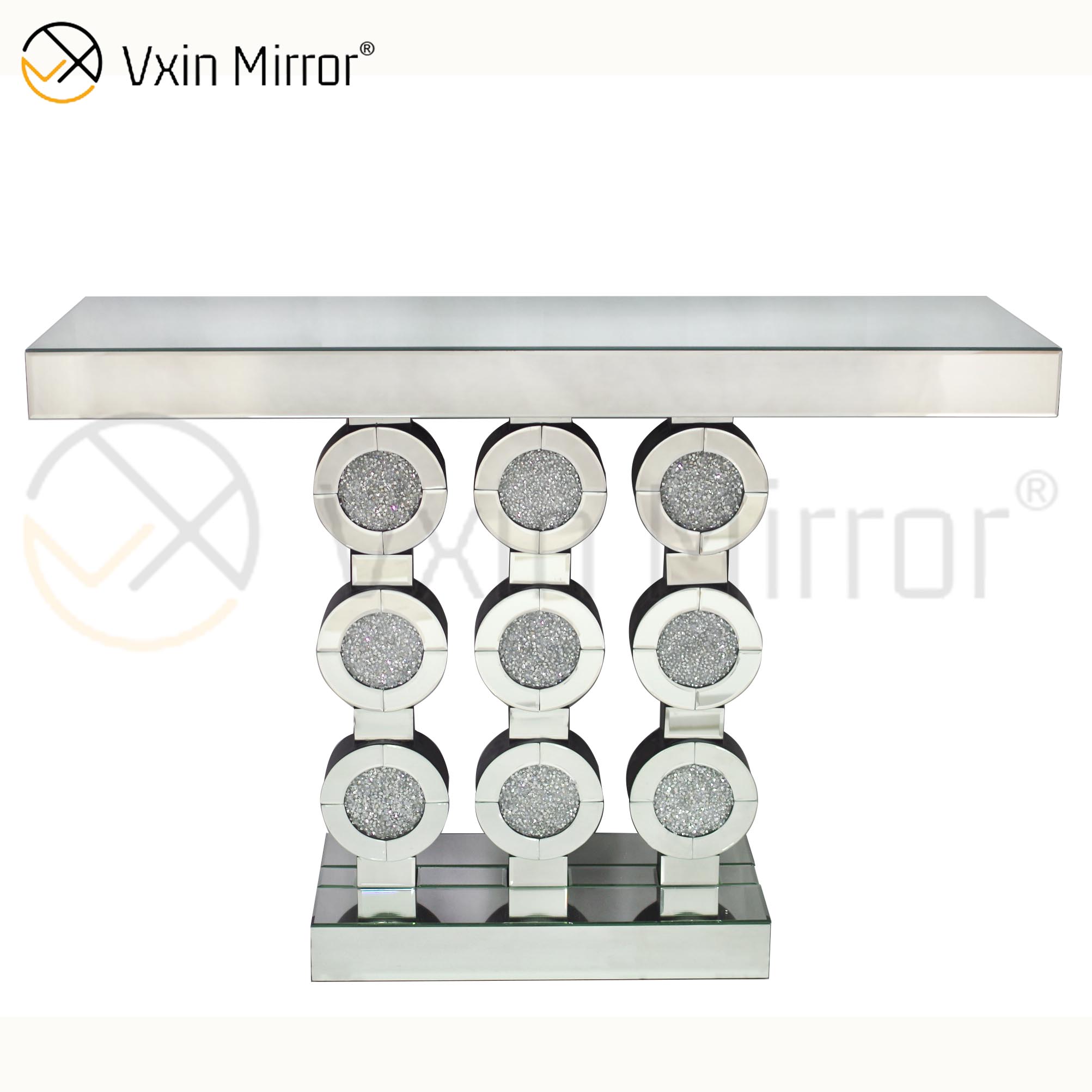 Muebles de espejo de mesa de consola de vidrio de diamante triturado redondo moderno Vxin de bajo precio