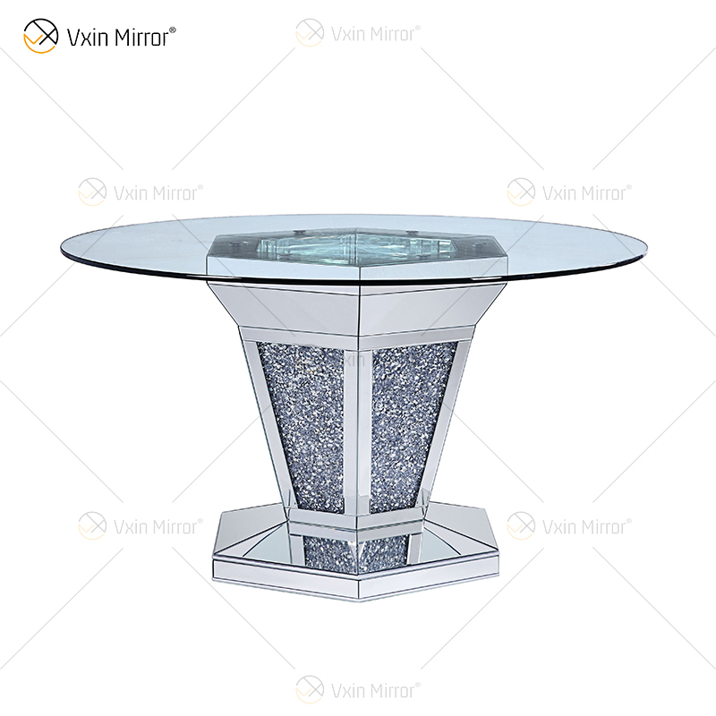 2020 Nuevo diseño WXF-100 Mesa de comedor plateada redonda de diamante triturado con tablero de vidrio templado