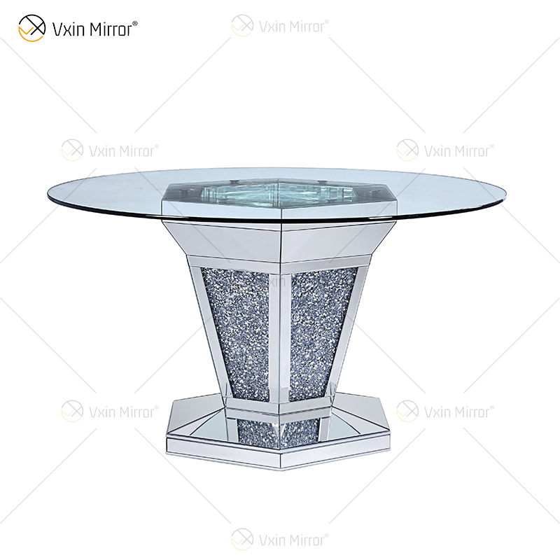 2020 Nuevo diseño WXF-100 Mesa de comedor plateada redonda de diamante triturado con tablero de vidrio templado