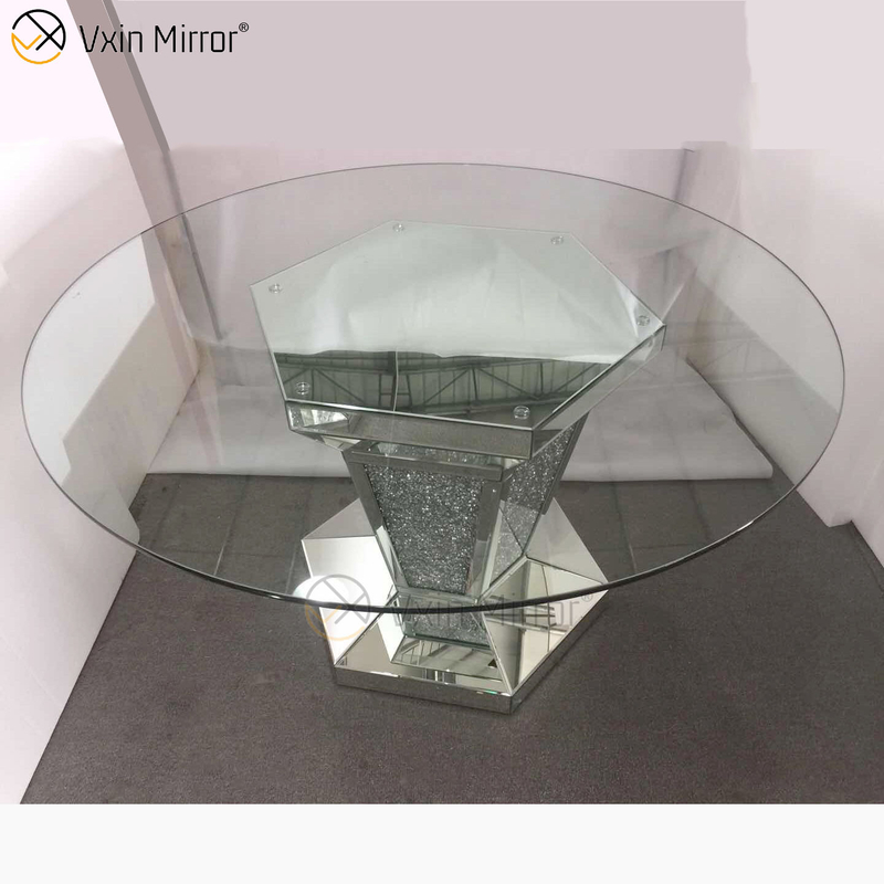2020 Nuevo diseño WXF-100 Mesa de comedor plateada redonda de diamante triturado con tablero de vidrio templado