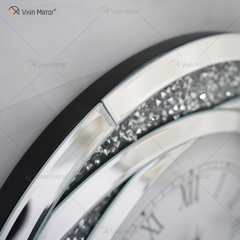 Paquete de prueba WXC-080 Reloj de pared con espejo 3D de diamantes triturados de plata moderna