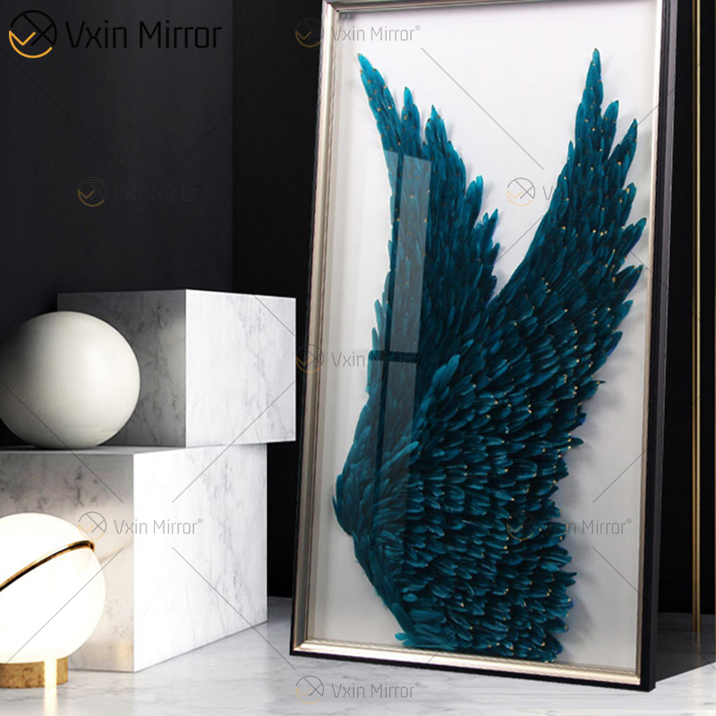 Cuadro decorativo moderno de WXPP-69 de plumas redondas, alas de plumas de Ángel 3D, pinturas decorativas en la pared para sala de estar enmarcada