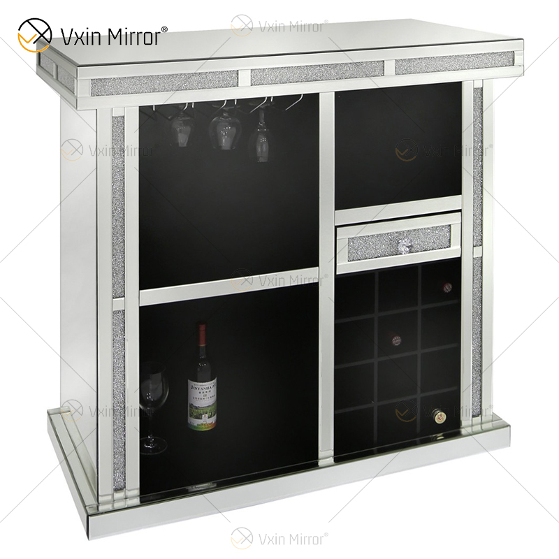 Vxin Home Decor WXF-142 Gabinete de vino alto con espejo de diamante triturado plateado con un cajón