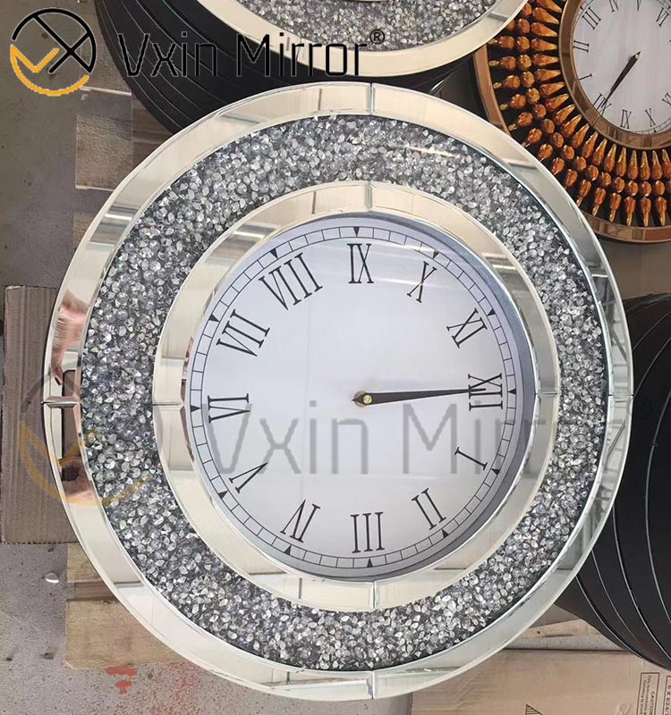Reloj de pared de espejo de diamante triturado de plata moderno elegante de lujo