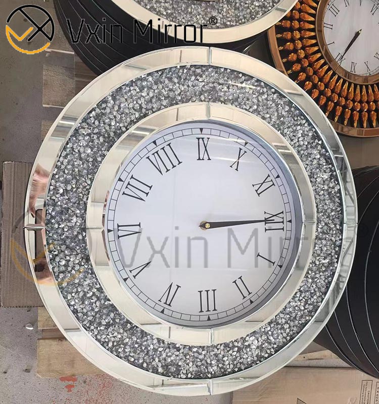 Reloj de pared de espejo de diamante triturado de plata moderno elegante de lujo