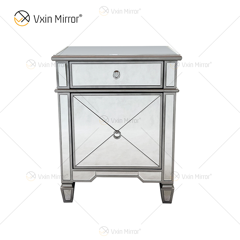 Increíble calidad WXF-873 Champagne Silver Muebles modernos Mesita de noche de metal con 2 cajones Mesita de noche con espejo