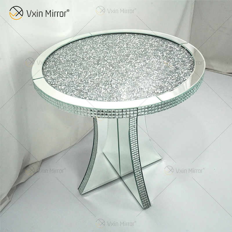 Pasillo de lujo, gabinete de espejo de cristal de diamante triturado, mesita de noche redonda plateada con espejo, sofás, mesa de centro, muebles, WXF-145