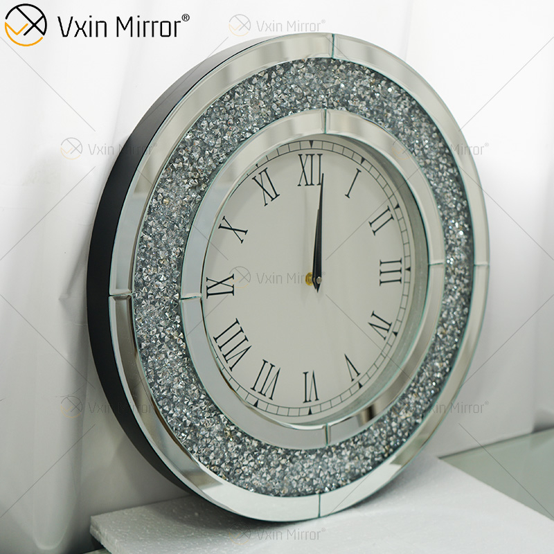Reloj de pared con espejo redondo de diamante triturado WXMC-010 de plata moderna de gran oferta