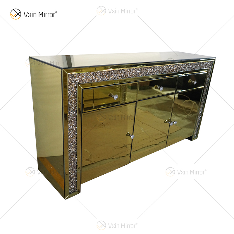 Decoración de lujo WXF-099 Gabinete de armario de diamantes machacados con espejo dorado con cajones Muti