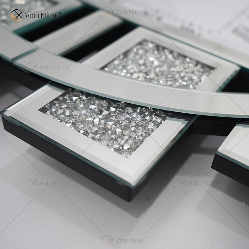 Venta al por mayor WXMC-082 reloj espejado diamante triturado plata decoración de pared elegante reloj de espejo redondo de lujo