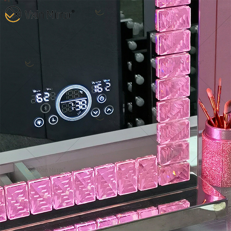 Vanity Hollywood LED con Bluetooth WXDL-1208 Mesa de cristal Espejo de maquillaje de estilo decorativo ovalado con juegos de dormitorio con luz LED