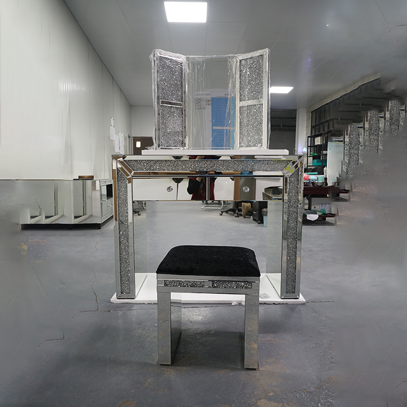 Gran oferta de diseños modernos para dormitorio, juego de tocador con espejo y taburete, tocador de lujo plateado