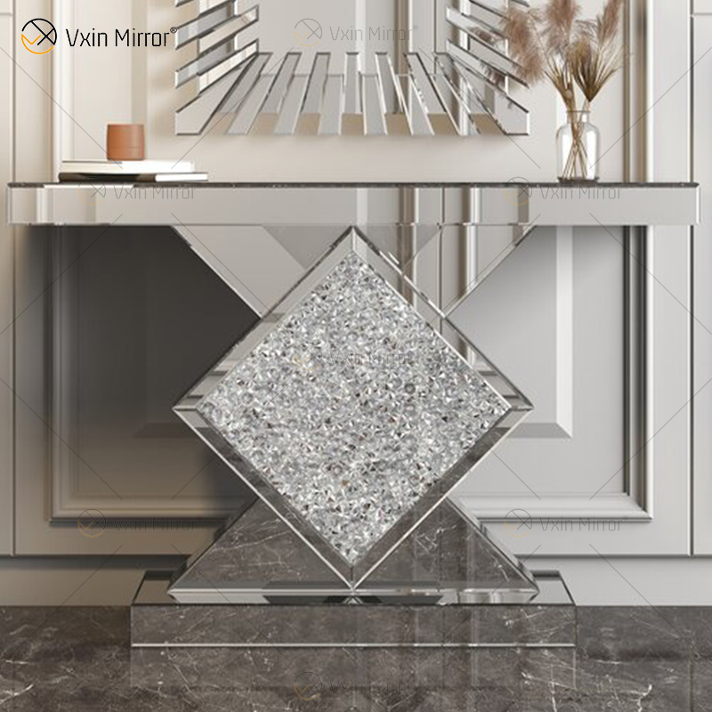 Venta al por mayor, mesa de consola con espejo, consola de mesa de entrada de pasillo de cristal de diamante triturado