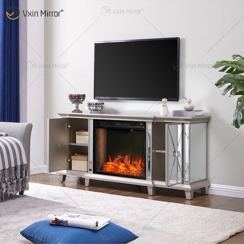 Muebles de Berlín adornados WXF-415 champán plata espejo chimenea soportes de TV gabinete con inserto de viento caliente 2 tipos