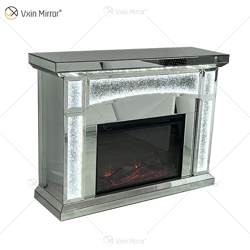 Nuevo diseño WXMF026-1 LED plata cristal sala de estar espejo chimenea con inserto interior