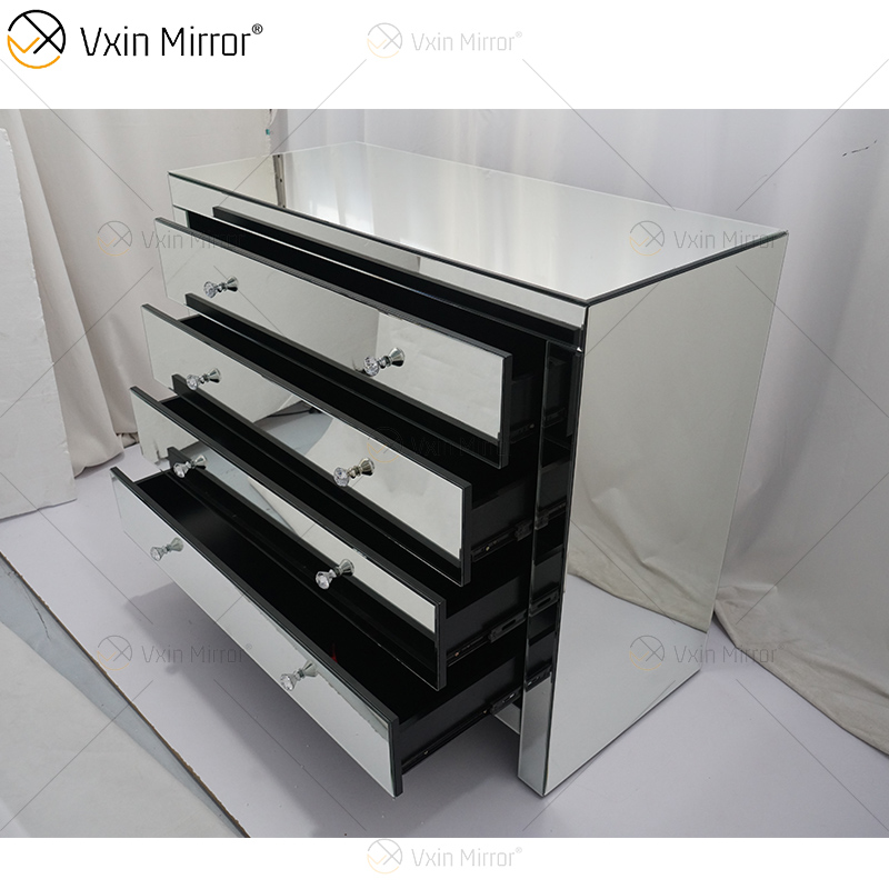 Glass Decor WXF-243 Armario moderno plateado con espejo y cajones múltiples