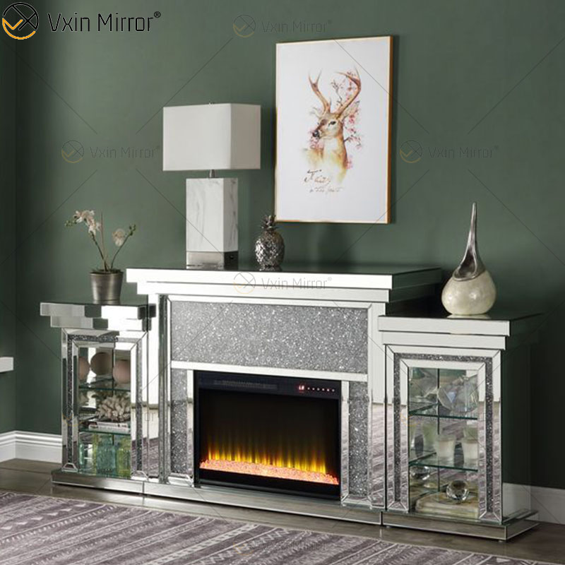 Chimenea de espejo de salón de cristal plateado LED multicolor con cajones