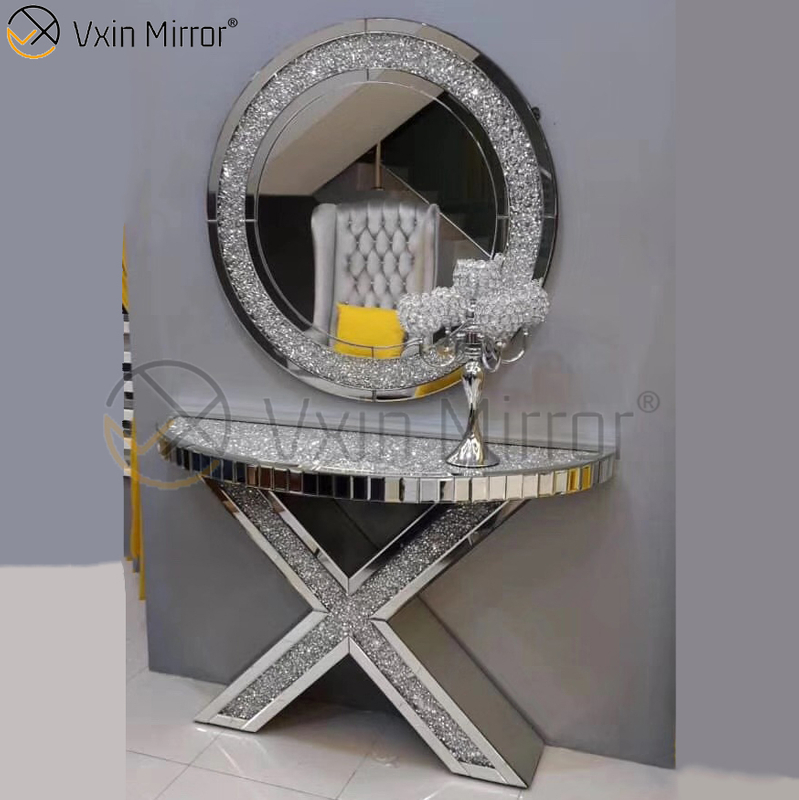 Mesa de consola de muebles para el hogar al por mayor con mesas de consola de diamante de cristal triturado modernas con espejo