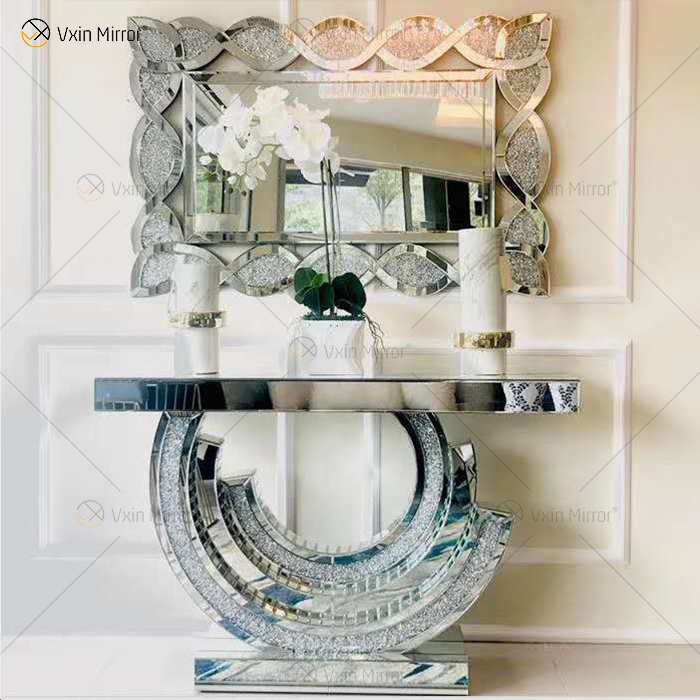 Proveedor de China, moderna y famosa mesa de consola de cristal para sala de estar con diamantes plateados y aplastados