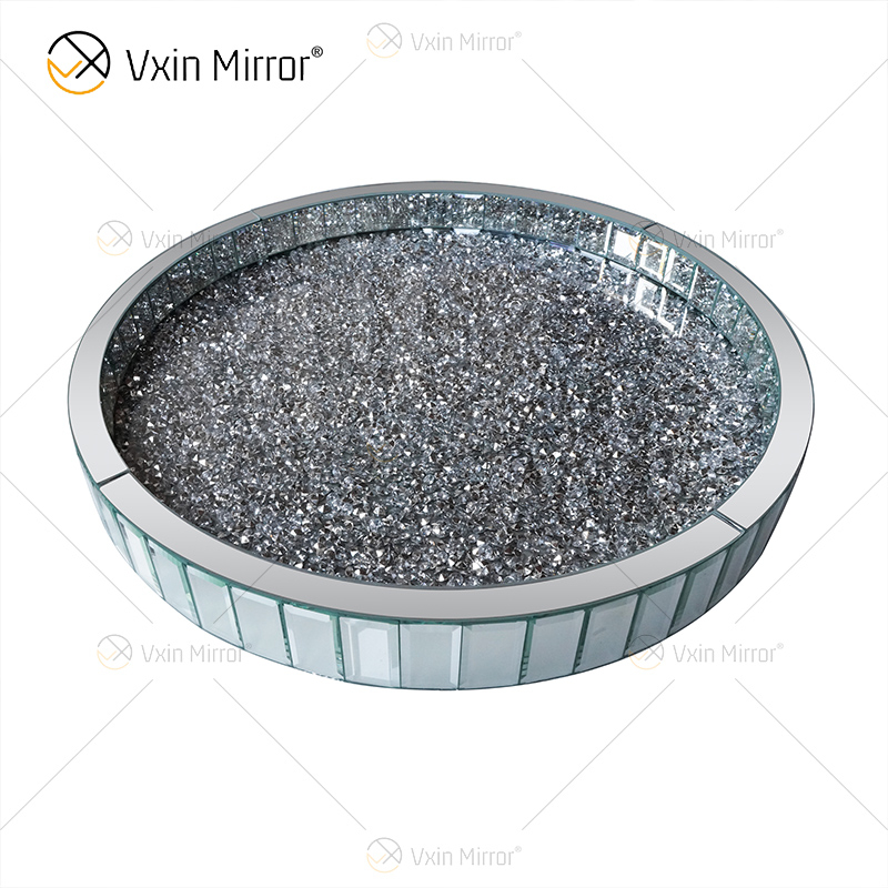 Gran oferta WXMT-015 bandeja redonda con espejo de diamante triturado de plata de decoración moderna