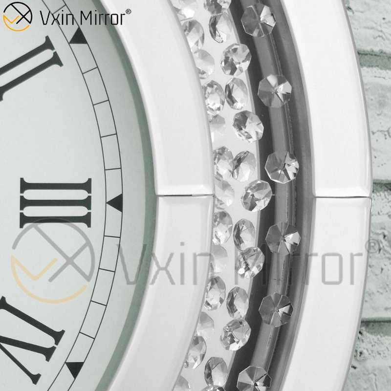 Redondo Grande Brillante Diamante triturado Biselado 50 cm Cristal flotante Reloj de pared con espejo plateado WXC-009