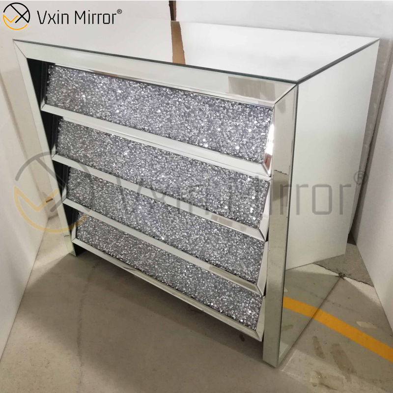 Vxin Silver WXF-706 aplastado con mesita de noche de diamante, mesita de noche biselada con mesita de noche con espejo de 4 cajones