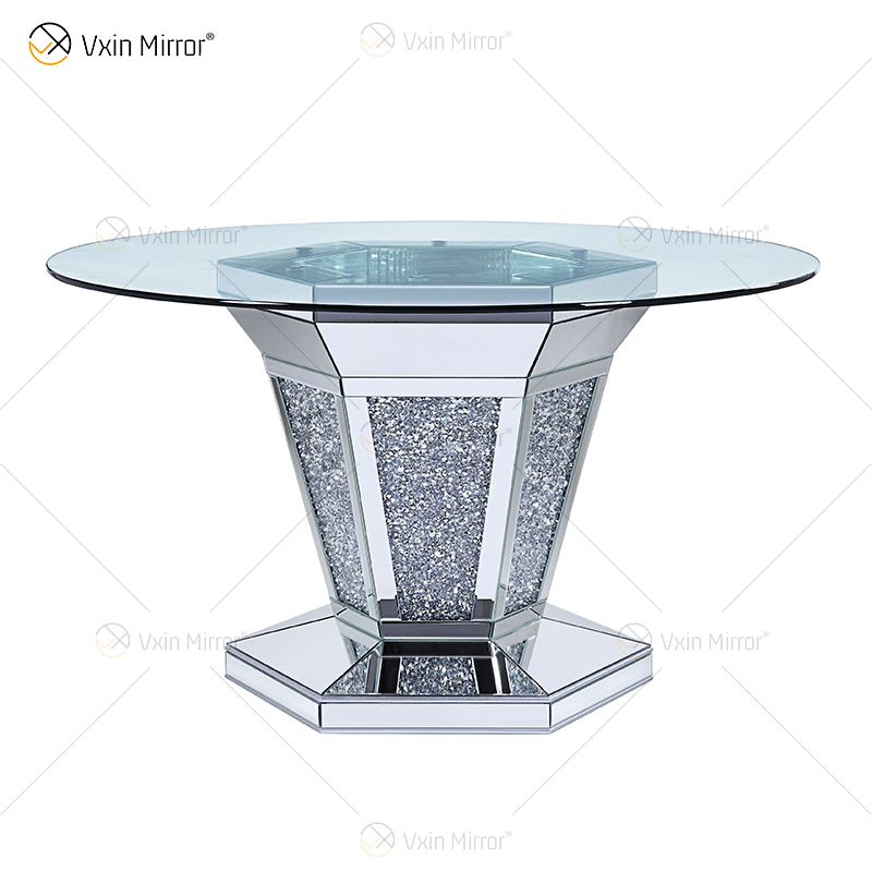 2020 Nuevo diseño WXF-100 Mesa de comedor plateada redonda de diamante triturado con tablero de vidrio templado
