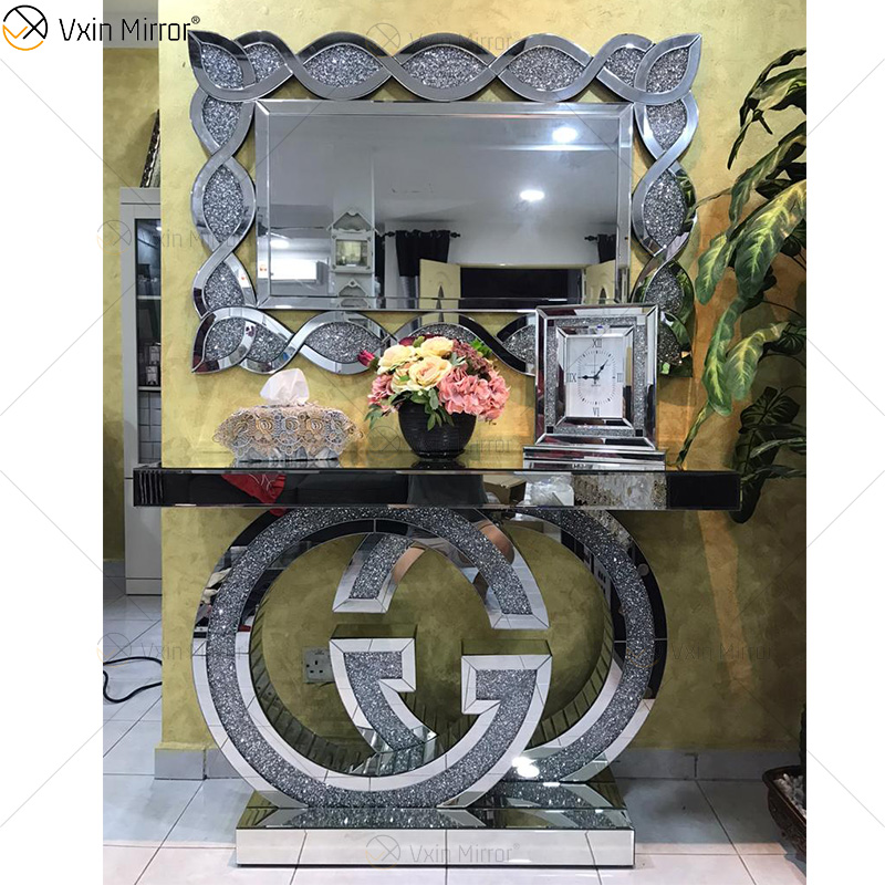 Muebles espejados para el hogar Espejo de consola rectangular Espejo de pared de diamante triturado