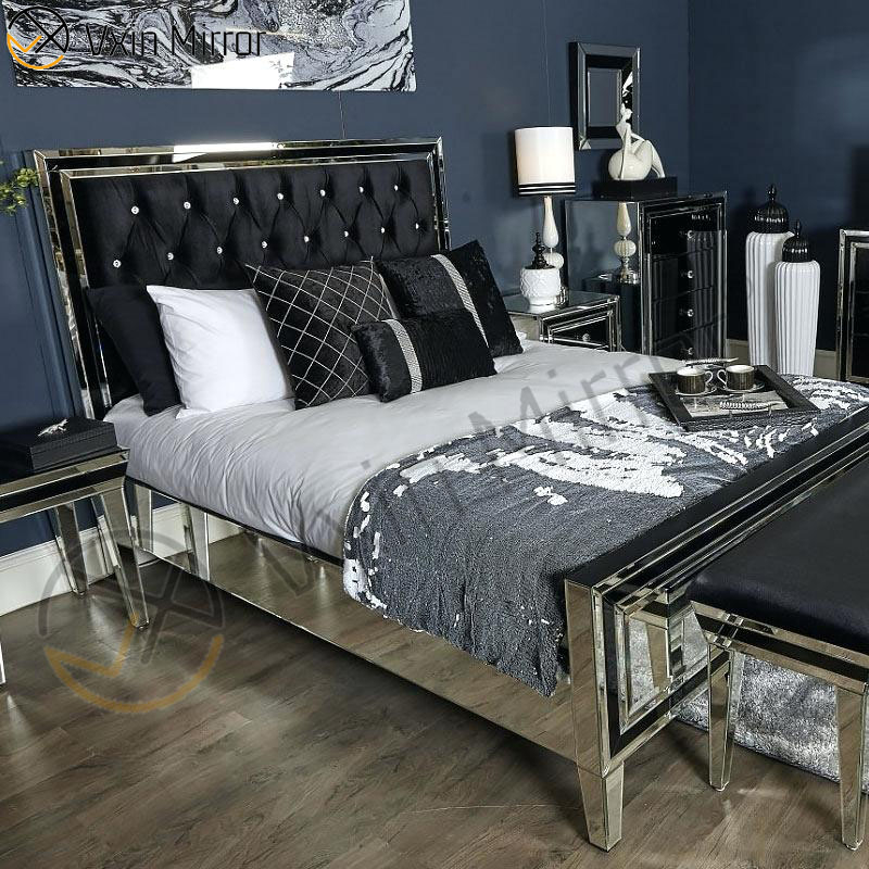 Muebles con espejo Vxin WXWF-1081 Marco negro Espejo de cama King con espejo de vidrio plateado Cama con espejo