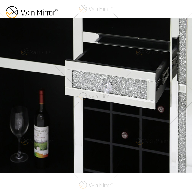 Vxin Home Decor WXF-142 Gabinete de vino alto con espejo de diamante triturado plateado con un cajón