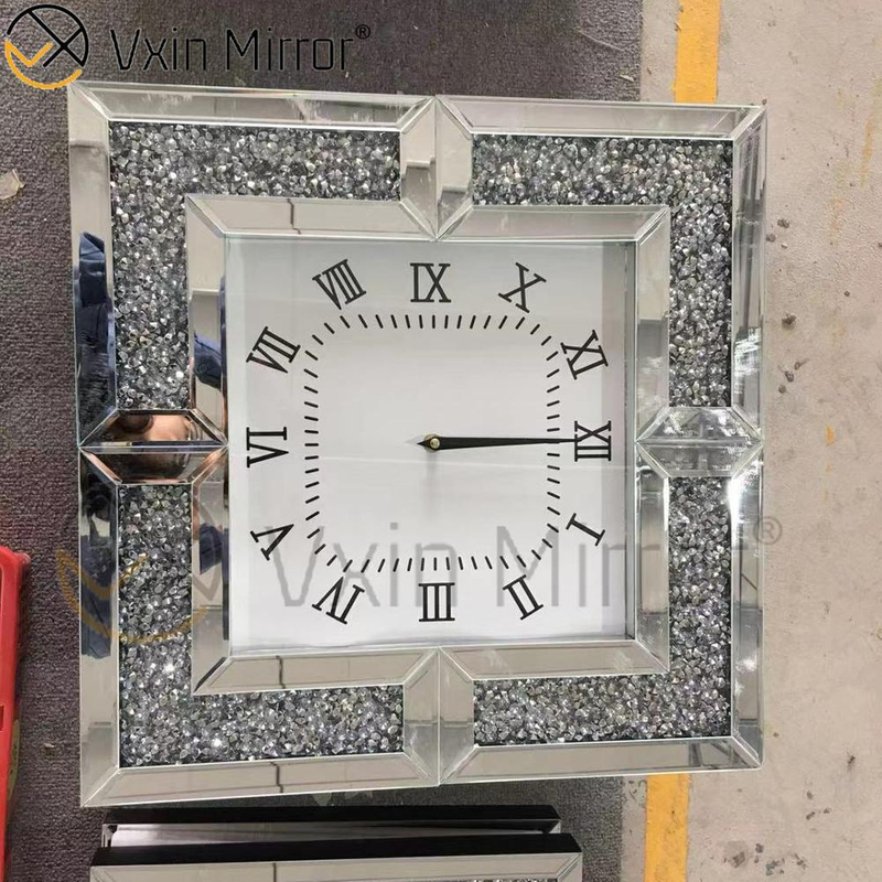 Reloj de pared de espejo de diamante triturado de plata moderno elegante de lujo