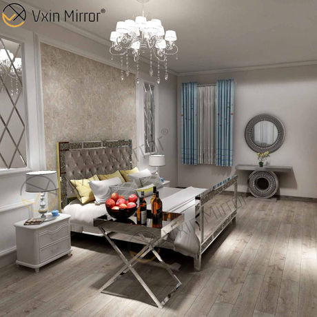 Muebles de suministro de fábrica WXF-785 Marco de plata Cama King con espejo de vidrio blanco
