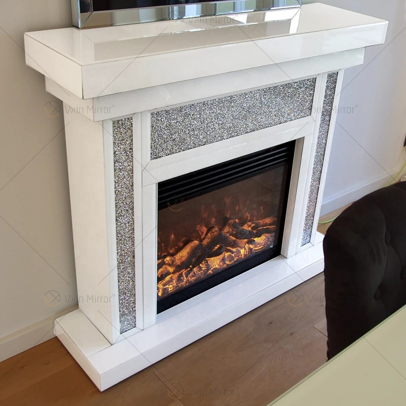 Chimenea de espejo de cristal blanco de cristal de diamante triturado para interiores de lujo en muebles de sala de estar WXWF-1108